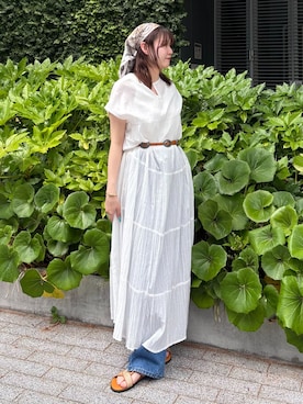 「B.C STOCK（ベーセーストック）の《追加10》ウォッシャブル / DU JOUR / デュ ジュール BARREL BAGGY JEAN（その他パンツ、ブルー系）」を使った、Haruさん（レディース・155cm）の夏コーディネート