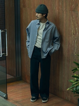 「WISM（ウィズム）のNAMELESSNESS / ネームレスネス DENIM PANT（その他パンツ、ブルー系）」を使った、OKAKUさん（メンズ・177cm）の冬コーディネート