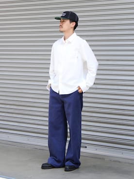「WISM（ウィズム）のLiju / リジュ Gallery FRENCH WORK CHINO（チノパンツ、ブルー系）」を使った、OKAKUさん（メンズ・177cm）の夏コーディネート