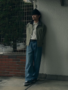 「WISM（ウィズム）のNAMELESSNESS / ネームレスネス DUCK JACKET（ブルゾン、ベージュ系）」を使った、OKAKUさん（メンズ・177cm）の冬コーディネート