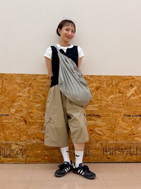 「LEPSIM（レプシィム）のBIGカラーショルダートート　1043478（トートバッグ、グレー系）」を使った、takihazuさん（レディース・148cm）の夏コーディネート