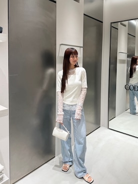 「CODE A（コードエー）の【Re】stretch lace tops（Tシャツ/カットソー、ホワイト系）」を使った、kanami927さん（レディース・161cm）の春コーディネート