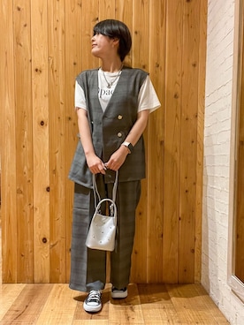 「DRESKIP（ドレスキップ）の【S-LL/セットアップ可/洗濯後しわになりにくい】ダブルベスト（ベスト、グレー系）」を使った、m.さん（レディース・161cm）の夏コーディネート