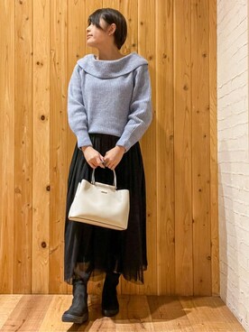 「DRESKIP（ドレスキップ）の【S-LL】首元すっきり オフショル ミックスヤーンニット（ニット/セーター、ブルー系）」を使った、m.さん（レディース・161cm）の冬コーディネート