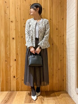 「DRESKIP（ドレスキップ）のカットツイードジャケット（ノーカラージャケット、ホワイト系）」を使った、m.さん（レディース・161cm）の冬コーディネート