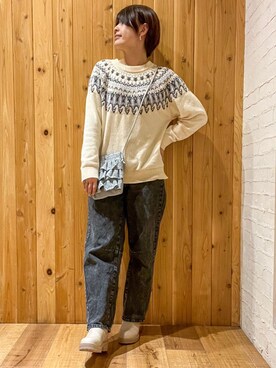 「Cutie Blonde（キューティーブロンド）の【S-LL】ケミカルウォッシュ カーブデニムパンツ（その他パンツ、ブラック系）」を使った、m.さん（レディース・161cm）の冬コーディネート
