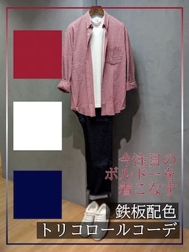 「TAKEO KIKUCHI（タケオキクチ）の【抗菌防臭/シーズンレス】シアサッカーギンガムチェック ストレッチシャツ（シャツ/ブラウス、レッド系）」を使った、yasuさん（メンズ・176cm）の秋コーディネート