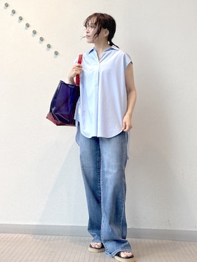 「DRESSTERIOR（ドレステリア）のフレンチスリーブ スキッパーブラウス（シャツ/ブラウス、ブルー系）」を使った、kawamuraさん（レディース・154cm）の夏コーディネート
