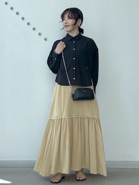 「DRESSTERIOR（ドレステリア）のシアーストライプクロップドシャツ（シャツ/ブラウス、ブラック系）」を使った、kawamuraさん（レディース・154cm）の夏コーディネート