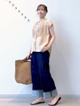 「DRESSTERIOR（ドレステリア）のフレンチスリーブ　フリルブラウス（シャツ/ブラウス、ベージュ系）」を使った、kawamuraさん（レディース・154cm）の夏コーディネート