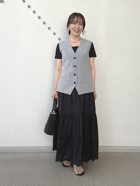 「DRESSTERIOR（ドレステリア）の【セットアップ可/ウォッシャブル】セットアップストライプジレ（ベスト、グレー系）」を使った、kawamuraさん（レディース・154cm）の夏コーディネート