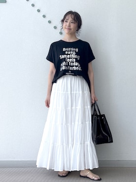 「DRESSTERIOR（ドレステリア）の◆【箔ロゴ】箔プリントドルマンスリーブ Tシャツ（Tシャツ/カットソー、ブラック系）」を使った、kawamuraさん（レディース・154cm）の夏コーディネート