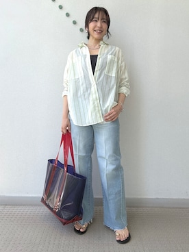 「DRESSTERIOR（ドレステリア）のシアー ストライプシャツ（シャツ/ブラウス、グリーン系）」を使った、kawamuraさん（レディース・154cm）の夏コーディネート
