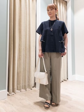 「grove（グローブ）のデニムライクベルト付きワイドパンツ（その他パンツ、グリーン系）」を使った、おみつさん（レディース・160cm）の夏コーディネート