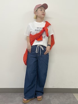 「OPAQUE.CLIP（オペークドットクリップ）のロゴプリント刺繍アソートTシャツ【洗濯機OK】（Tシャツ/カットソー、ホワイト系）」を使った、くーみーさん（レディース・153cm）の春コーディネート