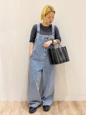 「OPAQUE.CLIP（オペークドットクリップ）の配色レイヤードロングスリーブTシャツ【洗える】（Tシャツ/カットソー、グレー系）」を使った、くーみーさん（レディース・153cm）の春コーディネート