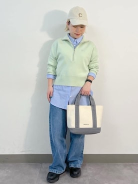 「OPAQUE.CLIP（オペークドットクリップ）のハーフZIP刺繍ロゴニット【洗濯機OK】（ニット/セーター、グリーン系）」を使った、くーみーさん（レディース・153cm）の春コーディネート