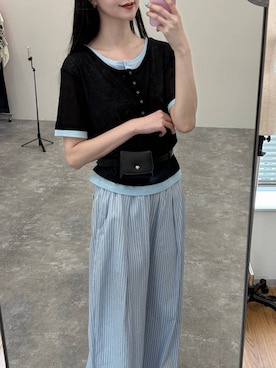 「LOWRYS FARM（ローリーズファーム）のレイヤードヘンリーSS　638392（Tシャツ/カットソー、ブラック系）」を使った、ゆーかっちさん（レディース・172cm）の夏コーディネート