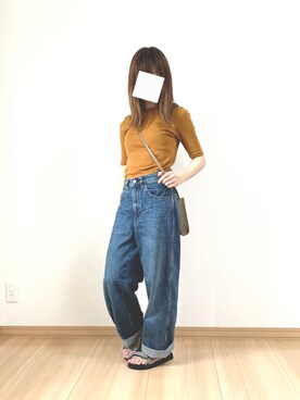 「UNIQLO（ユニクロ）のリブハイネックT（5分袖）（Tシャツ/カットソー）」を使った、sayaさん（レディース・152cm）の夏コーディネート