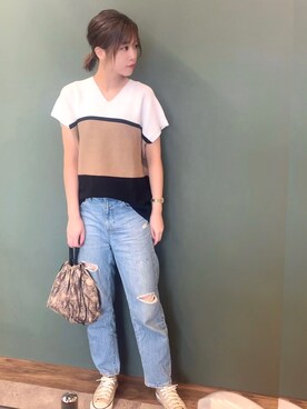 「AZUL by moussy（アズールバイマウジー）のLOOSE PANEL KNIT TOP（ニット/セーター、ベージュ系）」を使った、𝕪𝕦𝕟𝕒さん（レディース）の秋コーディネート