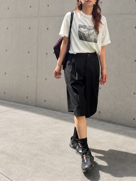 「select MOCA by son（セレクトモカバイソン）の【選べる】1.7万枚突破！アソートプリントオーバーサイズTシャツ（Tシャツ/カットソー、ホワイト系）」を使った、kaoさん（レディース・160cm）の夏コーディネート