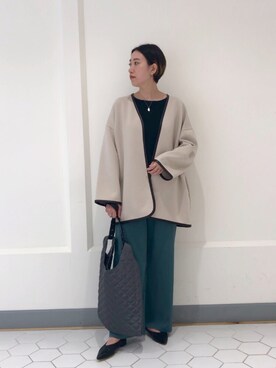 「キルティングバッグ」｜「アイテム（ノーカラーコート）」を使った、TANさん（レディース・157cm）の秋コーディネート