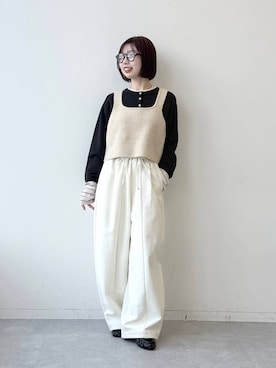 「LEPSIM（レプシィム）のウエストフリルイージーパンツ　824136（その他パンツ、ホワイト系）」を使った、kotomiさん（レディース・157cm）の夏コーディネート