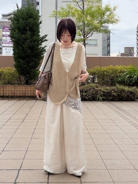 「LEPSIM（レプシィム）のロングハンドルボストン　579910（ボストンバッグ、ブラウン系）」を使った、kotomiさん（レディース・157cm）の夏コーディネート