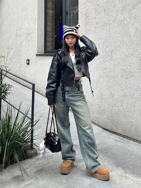 「アイテム（ライダースジャケット）」を使った、LALAさん（レディース・157cm）の秋コーディネート