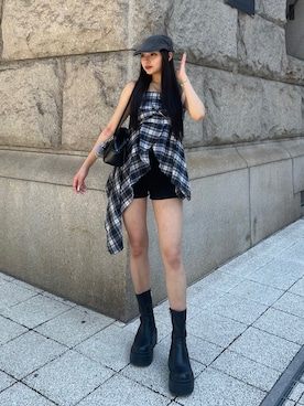 「アイテム（帽子、グレー系）」を使った、LALAさん（レディース・157cm）の夏コーディネート