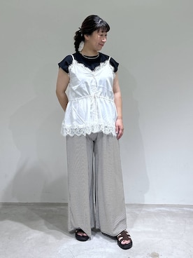 「LOWRYS FARM（ローリーズファーム）の【接触冷感】ベーシックノースリーブ　1043004（Tシャツ/カットソー、ブラック系）」を使った、meme さん（レディース・157cm）の夏コーディネート