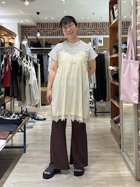 「LOWRYS FARM（ローリーズファーム）のステンレスフープチョーカー 127295（チョーカー、ゴールド系）」を使った、meme さん（レディース・157cm）の夏コーディネート