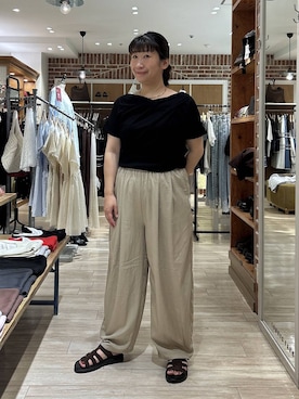 「LOWRYS FARM（ローリーズファーム）のドレーププルオーバーSS 1053677（Tシャツ/カットソー、ブラック系）」を使った、meme さん（レディース・157cm）の夏コーディネート