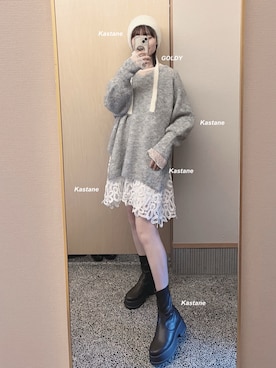 「アイテム（チュニック）」を使った、𝘬𝘺さん（レディース・163cm）の冬コーディネート