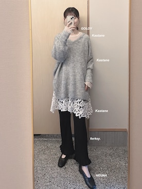 「アイテム（チュニック）」を使った、𝘬𝘺さん（レディース・163cm）の冬コーディネート