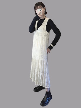 「ブラック×ホワイト」｜「アイテム（ブーツ）」を使った、𝘬𝘺さん（レディース・163cm）の春コーディネート