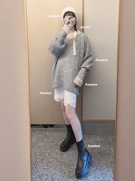 「アイテム（ニットキャップ/ビーニー、ホワイト系）」を使った、𝘬𝘺さん（レディース・163cm）の冬コーディネート