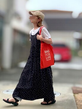 「アイテム（エコバッグ/サブバッグ、レッド系）」を使った、Maya☺︎さん（レディース・154cm）の夏コーディネート