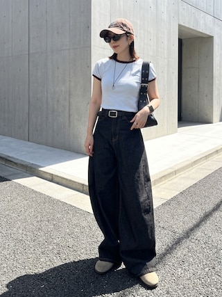 「un/neu(アンノイ)のワンハンドルタックハンドバッグ / フェイクレザーショルダーバッグ / ペットボトル収納◎(ハンドバッグ)」を使った、MISATO さん(レディース・161cm)の夏コーディネート