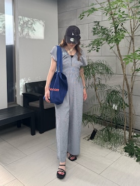 「アイテム（オールインワン・サロペット、ブルー系）」を使った、MISATO さん（レディース・161cm）の夏コーディネート