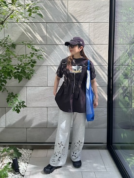 「select MOCA（セレクトモカ）のオーバーサイズオリジナルプリントTシャツ（Tシャツ/カットソー）」を使った、MISATO さん（レディース・161cm）の夏コーディネート