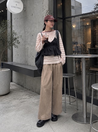 「KBF(ケイビーエフ)のシアーボーダールーズニット(ニット/セーター)」を使った、MISATO さん(レディース・161cm)の秋コーディネート
