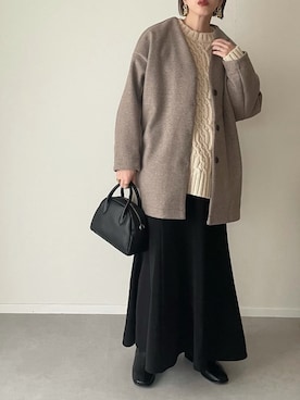 「ケーブルニット」｜「アイテム（ノーカラーコート）」を使った、MISATO さん（レディース・161cm）の冬コーディネート