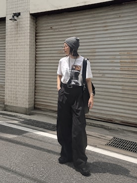 「Aunt Marie's（アントマリーズ）のサイドタックワイドパンツ（その他パンツ、ブラック系）」を使った、MISATO さん（レディース・161cm）の夏コーディネート