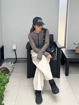 「select MOCA by son（セレクトモカバイソン）のセンターラインシアーニット（ニット/セーター）」を使った、MISATO さん（レディース・161cm）の夏コーディネート