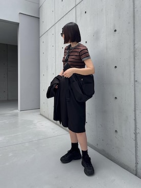 「feepur（フェピュール）のマルチボーダーコンパクトリンガーTee（Tシャツ/カットソー、ブラウン系）」を使った、MISATO さん（レディース・161cm）の春コーディネート