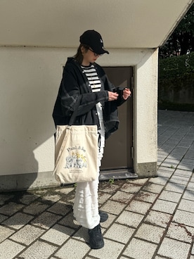 「巾着バッグ」｜「アイテム（デニムジャケット）」を使った、MISATO さん（レディース・161cm）の春コーディネート