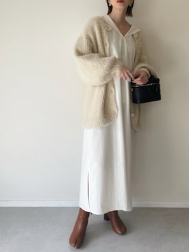 「モヘアカーディガン」｜「アイテム（ワンピース/ドレス）」を使った、MISATO さん（レディース・161cm）の春コーディネート