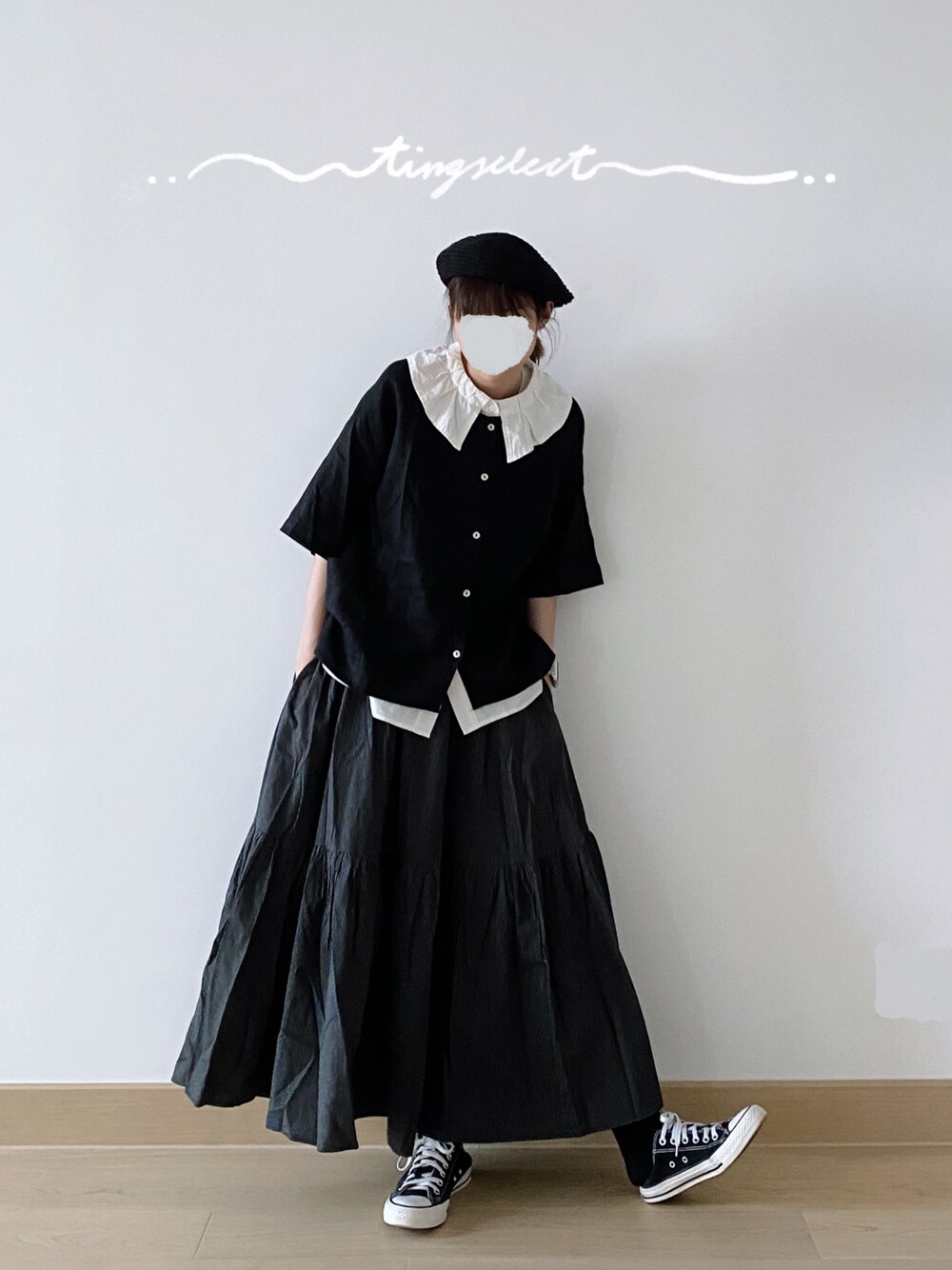 「ootd、夏」｜「tingselectのアイテム（スカート、ブラック系）」を使った、c_.htさん（レディース・165cm）の春コーディネートの1枚目の写真