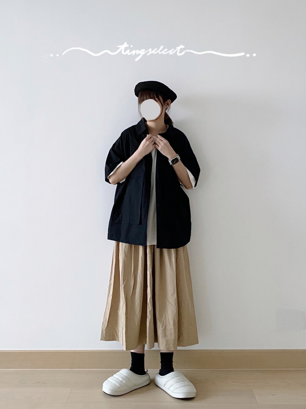 「ootd、夏」｜「tingselectのアイテム（シャツ/ブラウス、ブラック系）」を使った、c_.htさん（レディース・165cm）の春コーディネートの1枚目の写真